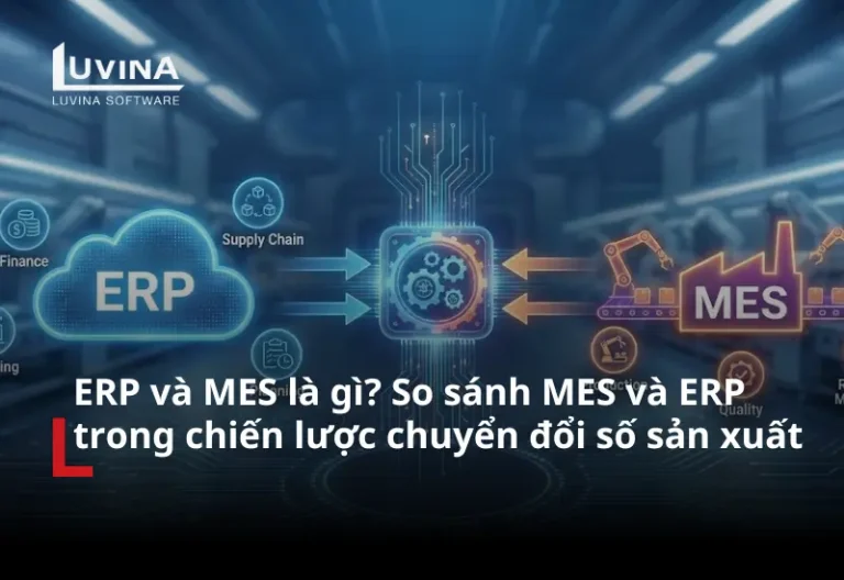 Đồ họa kỹ thuật số minh họa sự kết nối và tích hợp dữ liệu giữa hai hệ thống ERP và MES trong mô hình nhà máy thông minh.