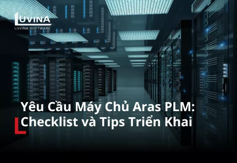 Ảnh đại diện bài viết về yêu cầu máy chủ Aras PLM với hình ảnh phòng Data Center hiện đại và logo Luvina Software.