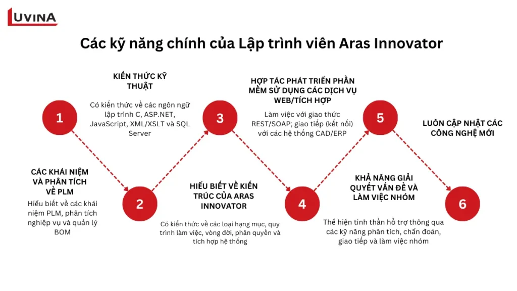 Sơ đồ 6 kỹ năng kỹ thuật và nghiệp vụ bắt buộc đối với một lập trình viên hoặc chuyên gia tư vấn Aras PLM chuyên nghiệp.