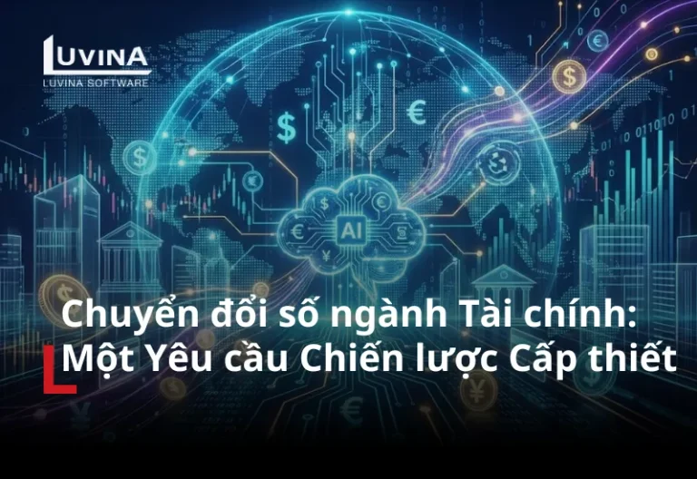 Đồ họa kỹ thuật số minh họa mạng lưới chuyển đổi số ngành tài chính, kết nối các biểu tượng tiền tệ toàn cầu (USD, Euro, Yen) với công nghệ trí tuệ nhân tạo (AI) trên nền tảng đám mây.