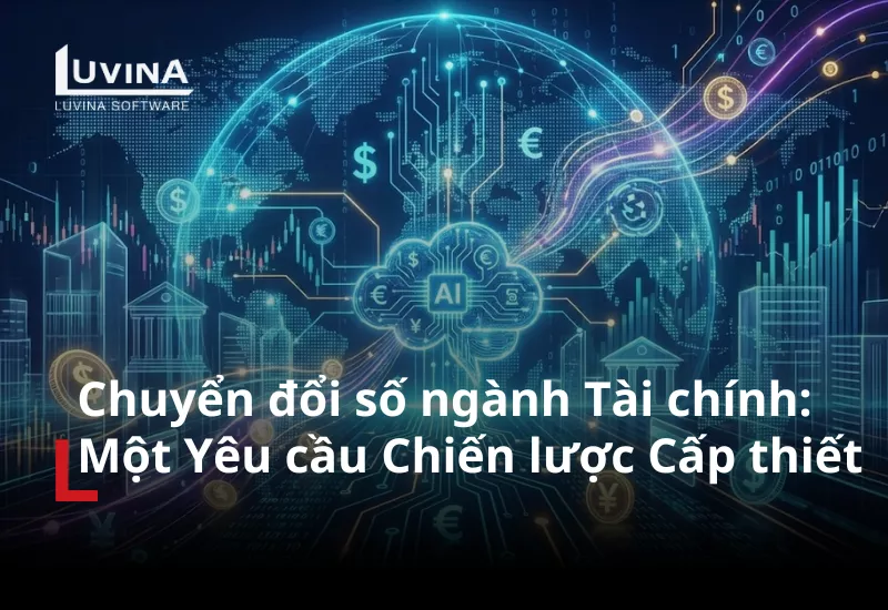 Đồ họa kỹ thuật số minh họa mạng lưới chuyển đổi số ngành tài chính, kết nối các biểu tượng tiền tệ toàn cầu (USD, Euro, Yen) với công nghệ trí tuệ nhân tạo (AI) trên nền tảng đám mây.