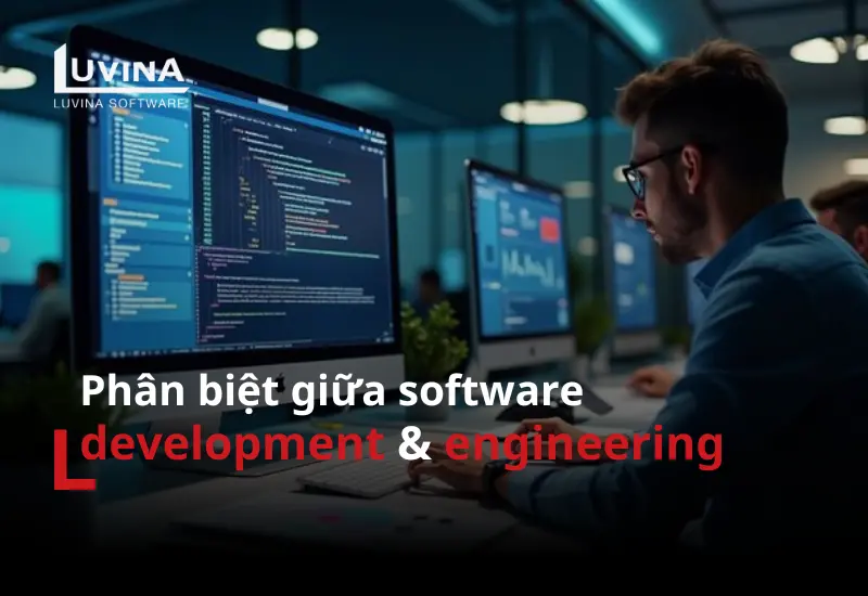 ảnh đại diện bài viết giúp phân biệt giữa software development và software engineering một cách tổng quan và chính xác.