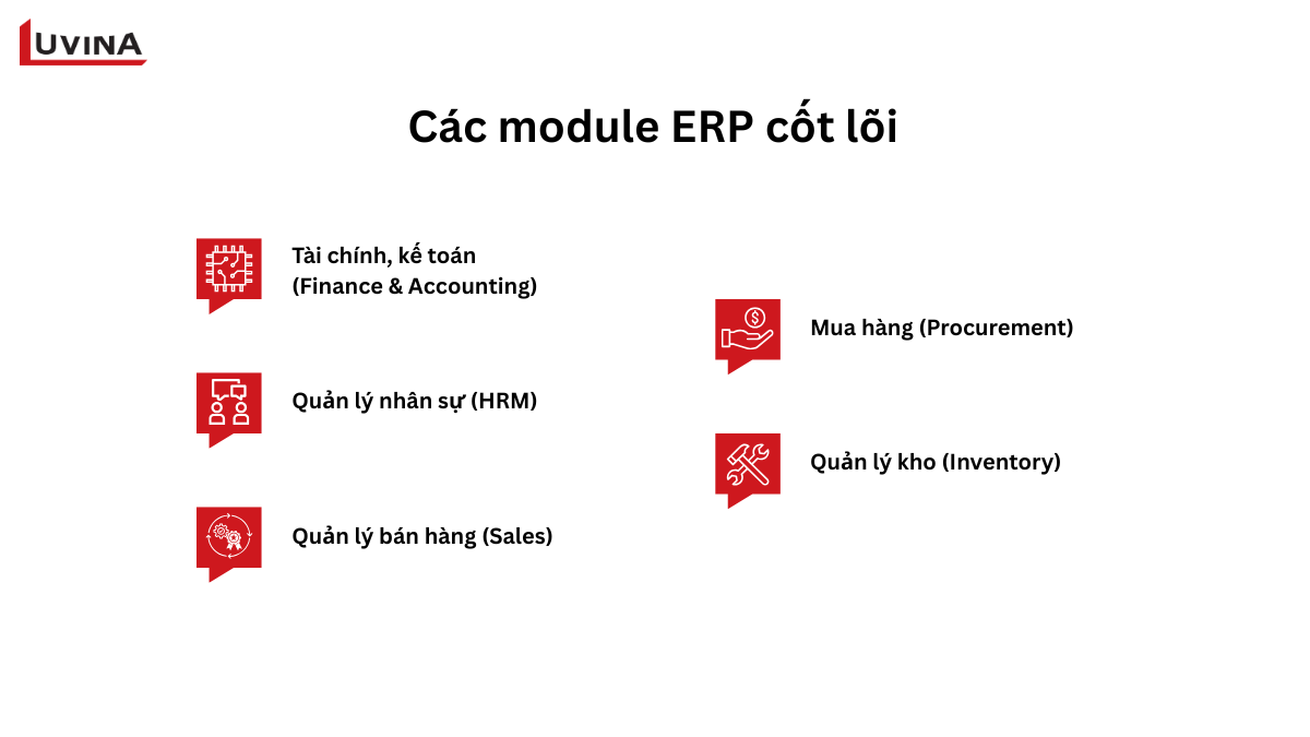danh sách các phân hệ của erp thuộc nhóm cốt lõi như quản lý tài chính, nhân sự, bán hàng và kho bãi.