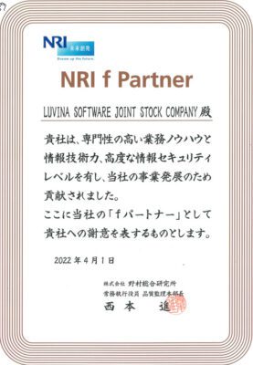In April 2022, Luvina Software has officially become the f-partner of Nomura Research Institute (NRI).
