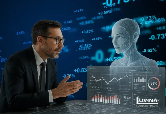 Business professional analyzing financial data with an AI assistant, illustrating explainable AI in finance.