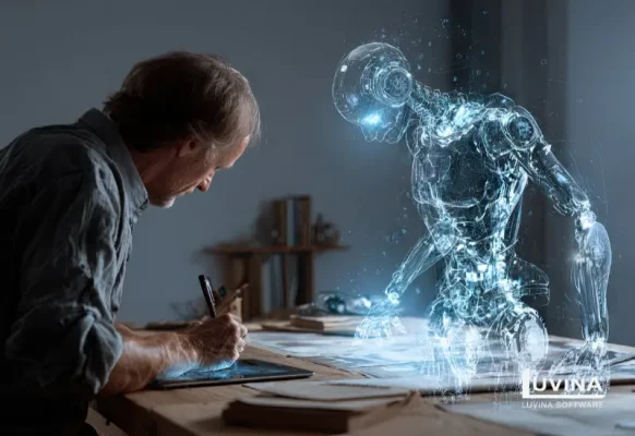 Human designer collaborating with a transparent AI robot, symbolizing the concept of explainable AI and human–machine synergy.