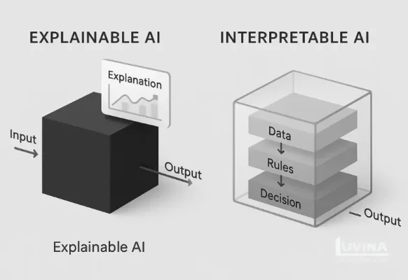 Diagram illustrating the difference between explainable vs interpretable AI in data processing and output reasoning.