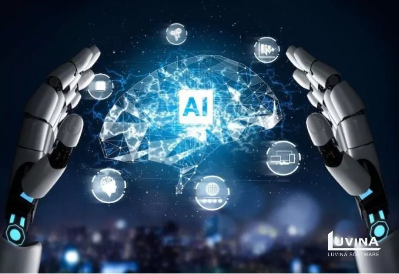 Robot hands surrounding a digital AI brain with icons representing different fields of artificial intelligence