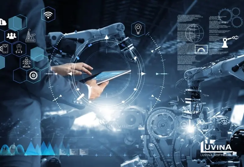 generative ai in manufacturing illustrated with smart factory automation, robotic arms, and digital analytics interface