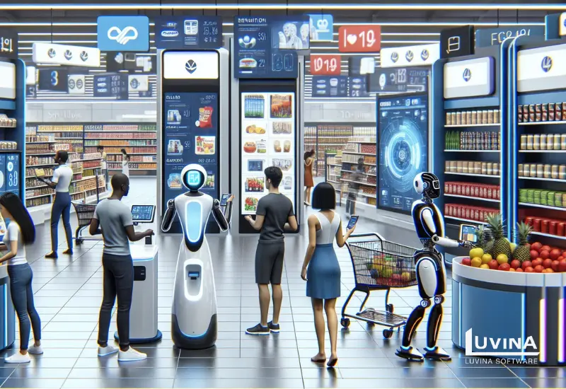 AI in retail stores with robots assisting shoppers and smart digital screens enhancing the shopping experience