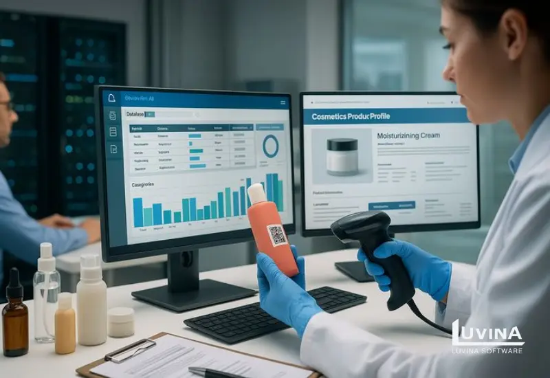 Pharmacist using hospital inventory management software to track medical products and optimize supply levels.