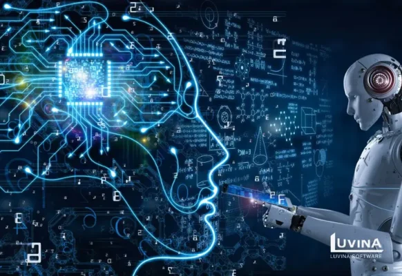 Artificial intelligence and robot analyzing data, symbolizing the application of machine learning in business.