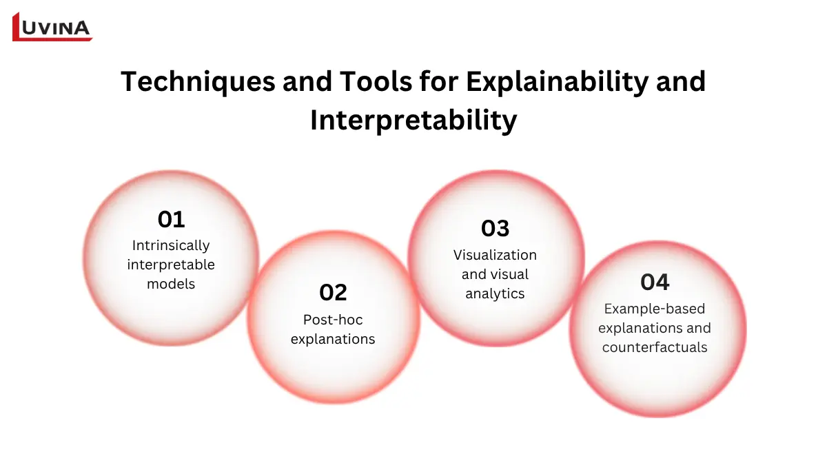 Techniques and tools for explainable vs interpretable AI including interpretable models, visualization, and example-based methods.