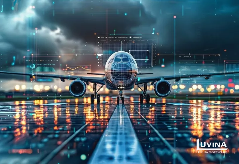 Modern commercial airplane on a runway with digital data overlays representing airline digital transformation.