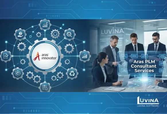 Feature image illustrating aras plm consultant services with Aras Innovator system integration and a professional consulting team.