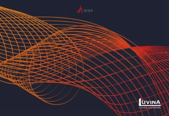 Aras PLM review feature image with abstract red-orange lines and Aras branding.