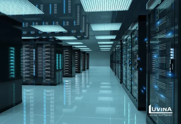 Modern data center infrastructure illustrating Aras PLM server requirements for stable and scalable deployment