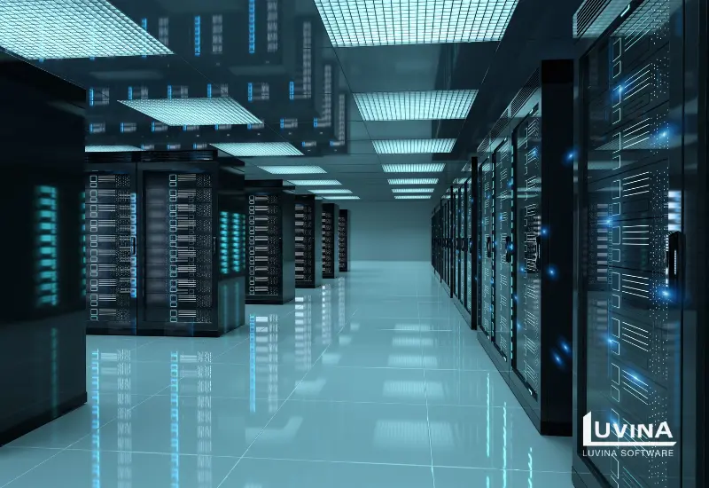 Modern data center infrastructure illustrating Aras PLM server requirements for stable and scalable deployment