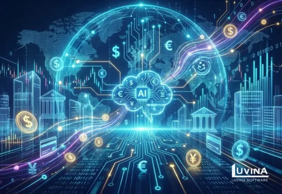 Conceptual illustration of digital transformation in finance, showing global data networks connecting financial markets and growth charts.