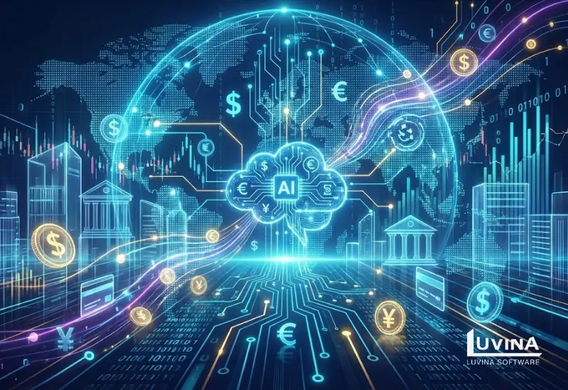 Conceptual illustration of digital transformation in finance, showing global data networks connecting financial markets and growth charts.