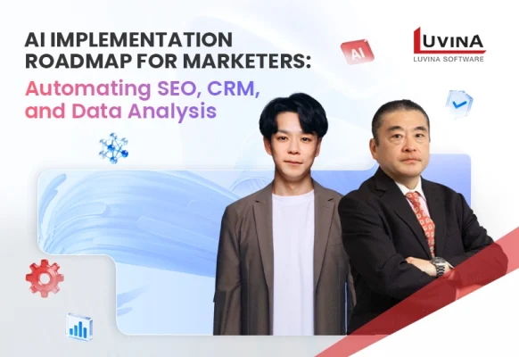 Promotional banner featuring speakers and the agenda for the Luvina x DigiRise AI marketing automation webinar on implementation roadmaps.
