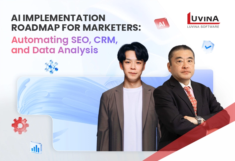 Promotional banner featuring speakers and the agenda for the Luvina x DigiRise AI marketing automation webinar on implementation roadmaps.