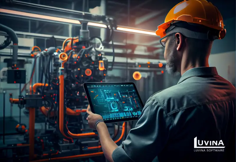 Industrial worker using a tablet to monitor machinery, illustrating the impact of top mes software companies on manufacturing efficiency.