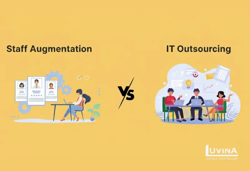 Illustration comparing staff augmentation vs outsourcing models for IT teams