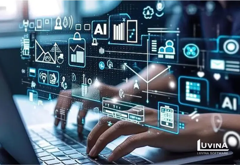 Hands typing on laptop with digital PLM and AI system icons representing what is Aras PLM in modern product lifecycle management