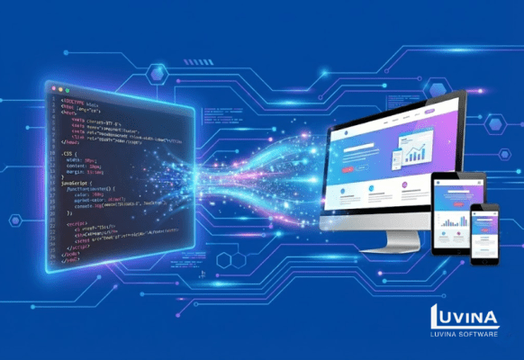 Digital illustration of raw code syntax transforming into a responsive user interface on monitors and mobile devices, visually answering what is frontend development.