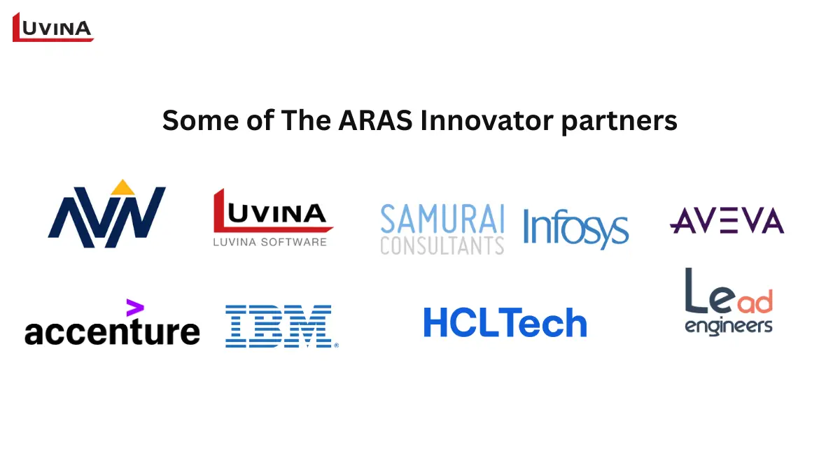 Global partners working with aras plm consultant services, including Luvina, IBM, Infosys, Accenture, and others.