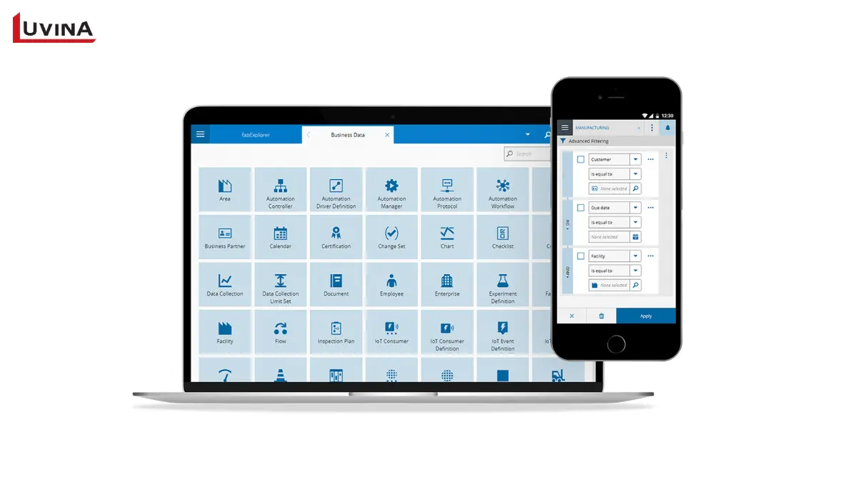 Laptop and smartphone displaying responsive MES interfaces, highlighting the mobility features of the best mes software.