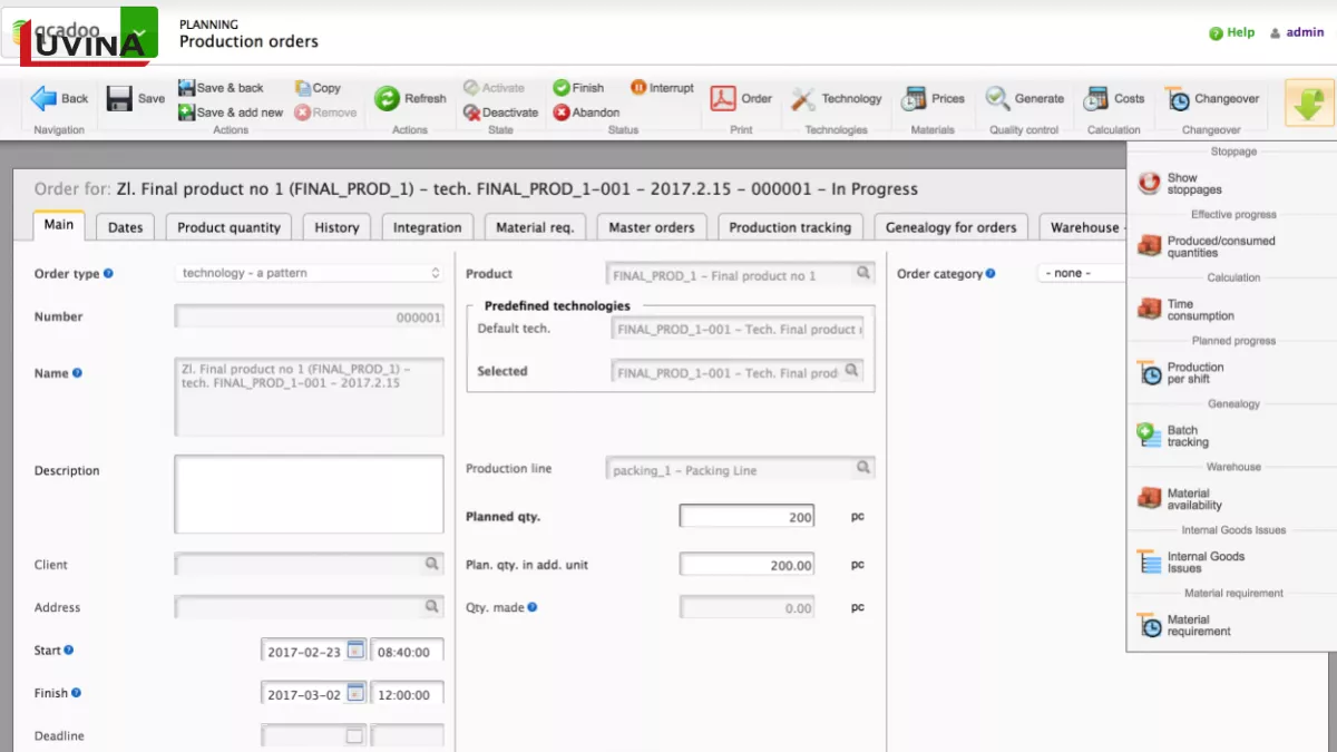 Ecadoo software interface for managing production orders, a practical example of the best mes software functions.