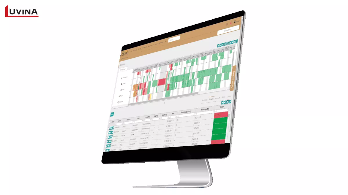 frePPLE production planning Gantt chart on a monitor, demonstrating scheduling tools in the best mes software ecosystem.