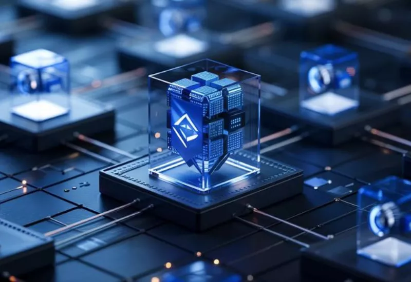 Futuristic 3D illustration representing a modular system unit in component-based software engineering.