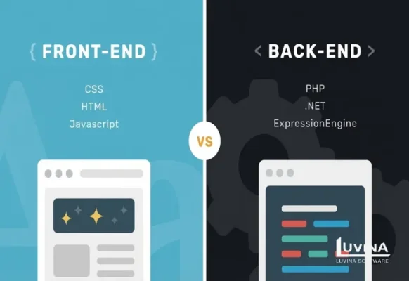 Split-screen graphic illustrating the technical difference between backend and front end by contrasting languages like HTML/CSS against PHP/.NET.