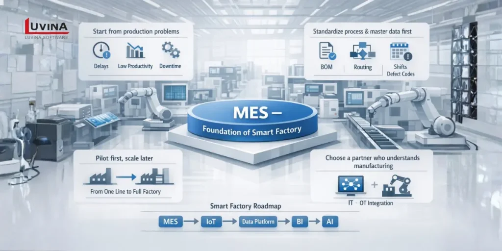 các nguyên tắc cốt lõi khi triển khai hệ thống mes làm nền tảng cho smart factory.
