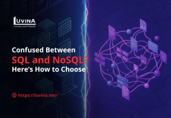 Split-screen illustration comparing structured servers and dynamic networks for sql vs nosql database models.