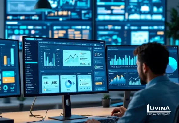 A software architect monitoring complex system data on multiple screens, illustrating software architecture in practice.