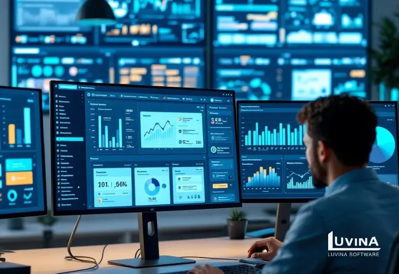 A software architect monitoring complex system data on multiple screens, illustrating software architecture in practice.