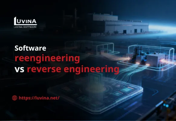 Futuristic digital illustration representing the comparison of software reengineering vs reverse engineering.
