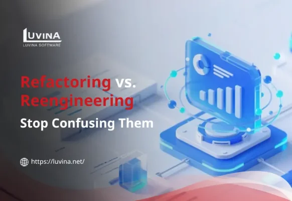 Feature image illustrating the difference between software reengineering and refactoring with text comparison.