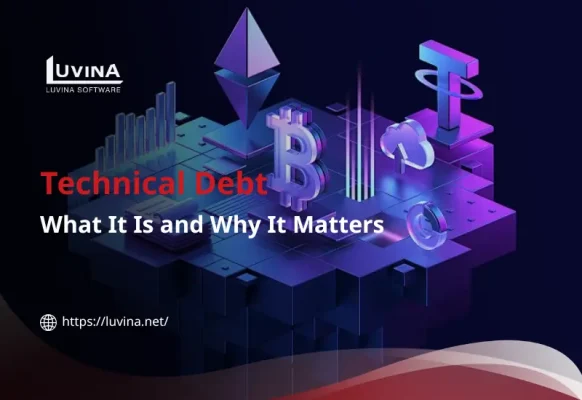 Conceptual illustration of a person struggling to push a giant sphere labeled "TECHNICAL DEBT" up a steep hill.