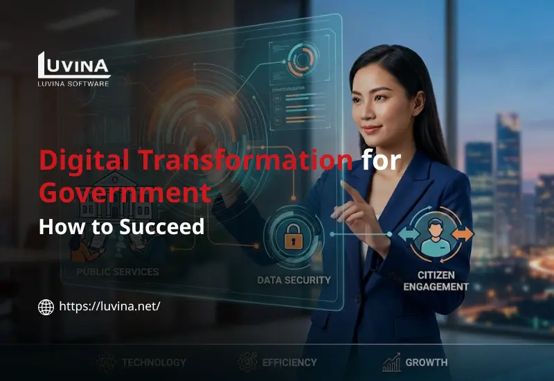 Article thumbnail titled "Digital Transformation for Government: How to Succeed" by Luvina Software, featuring a modern smart city and e-governance technology.