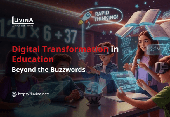 Digital transformation in education with modern technologies enabling interactive learning, virtual classrooms, and data-driven teaching