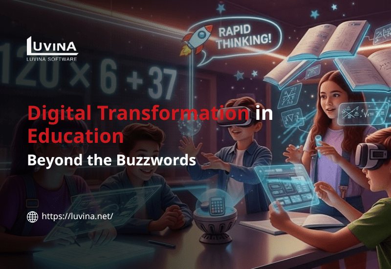 Digital transformation in education with modern technologies enabling interactive learning, virtual classrooms, and data-driven teaching