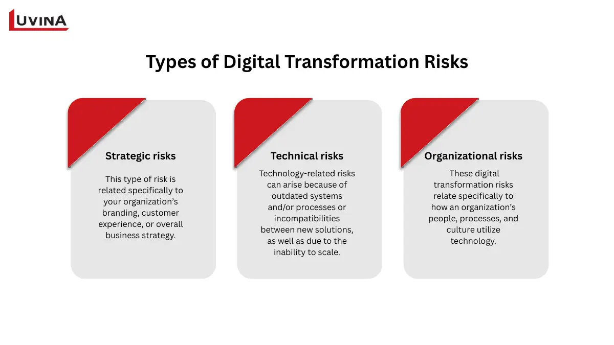 A detailed matrix categorizing the 6 main types of digital transformation risks in modern businesses.