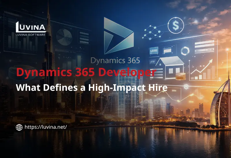 Dynamics 365 developer concept with data dashboards and business analytics in a modern digital city environment