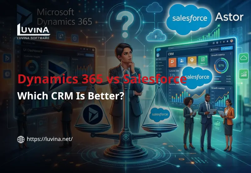 A side-by-side comparison of Dynamics 365 vs Salesforce on a balancing scale, asking which CRM is better.