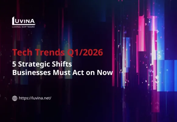 An artistic visual representing top tech trends for Q1/2026, featuring futuristic digital elements and strategic growth symbols.